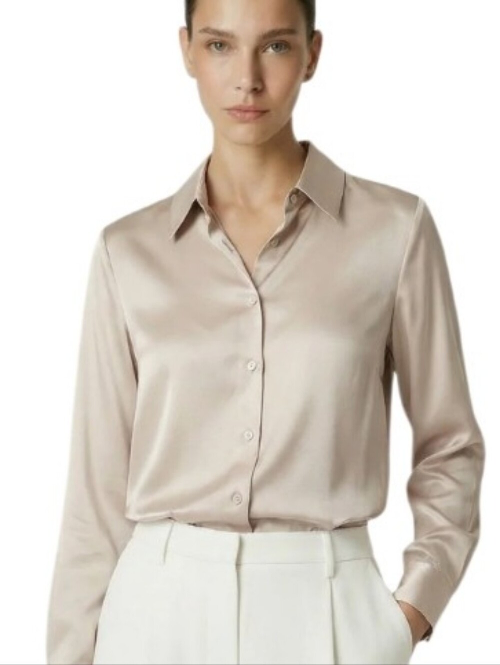NWT GAP Glossy Silky Button-Front Blouse in Light Beige